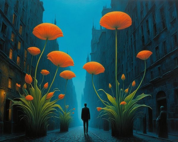 Surreal Urban Scene with Vibrant Orange Flowers