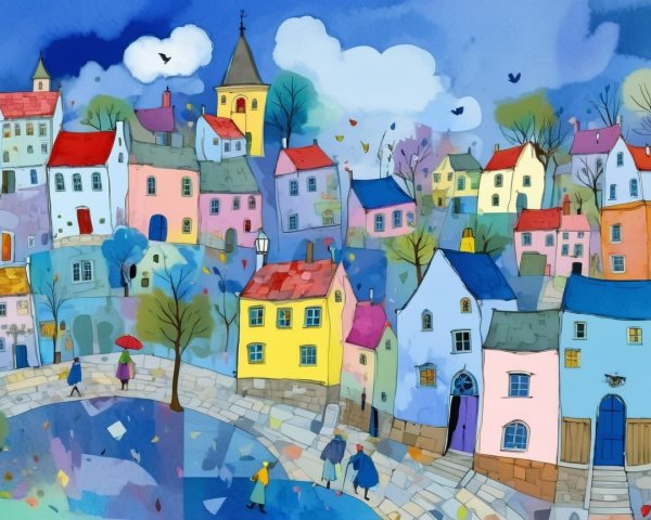 Whimsical Townscape with Colorful Houses and River