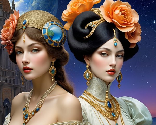 Elegantly Dressed Women with Floral Accents and Stars