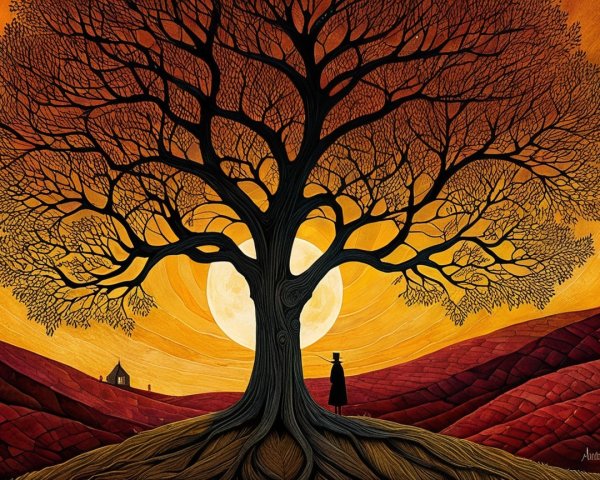 Majestic tree at sunset with silhouetted figure and hills