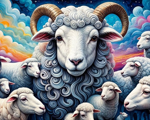 Majestic Ram Surrounded by Fluffy White Sheep