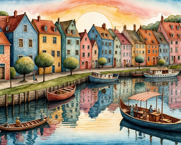 Charming Waterfront Scene with Colorful Houses and Sunset