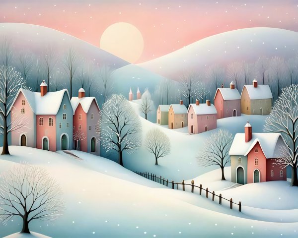 Charming Winter Village in Watercolor Style