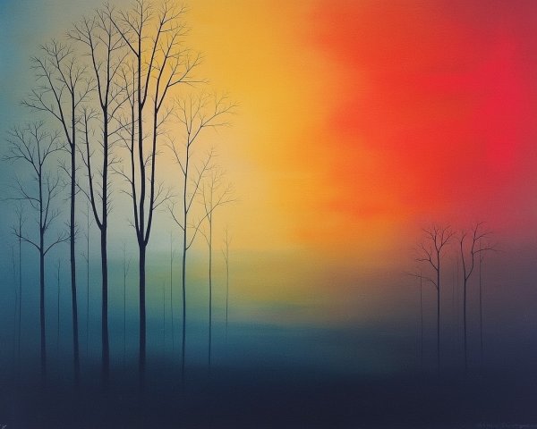 Serene Landscape with Silhouetted Trees at Sunset