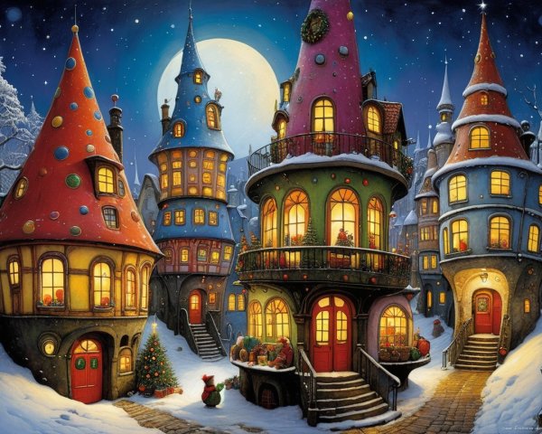 Whimsical Christmas Village Scene at Night with Snow