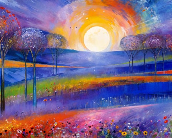 Vibrant Sunset Landscape with Silhouetted Trees and Flowers
