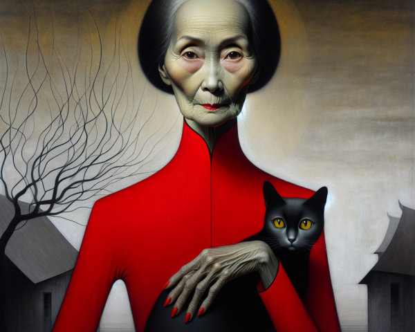 Elderly Woman in Red Outfit with Black Cat Artwork