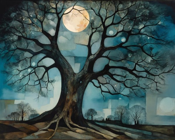 Leafless tree under moonlight in a night sky