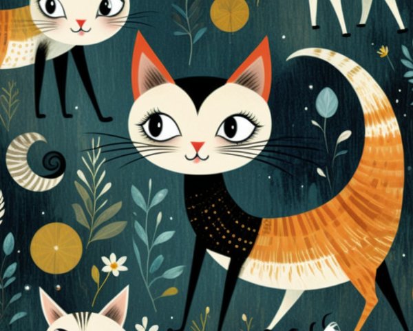 Whimsical Illustration of Colorful Playful Cats