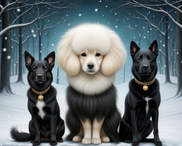Three Dogs in a Snowy Forest Setting