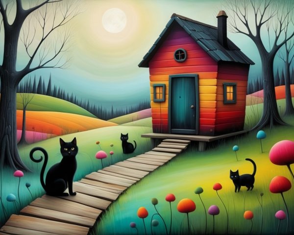 Whimsical House Surrounded by Vibrant Nature and Cats
