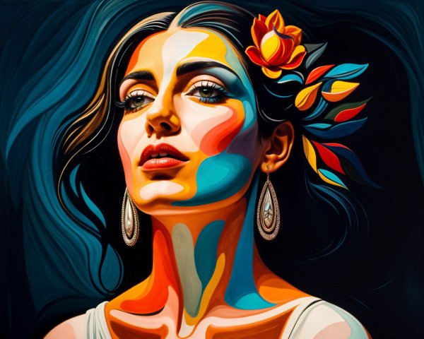 Portrait of a Woman with Abstract Patterns and Flowers