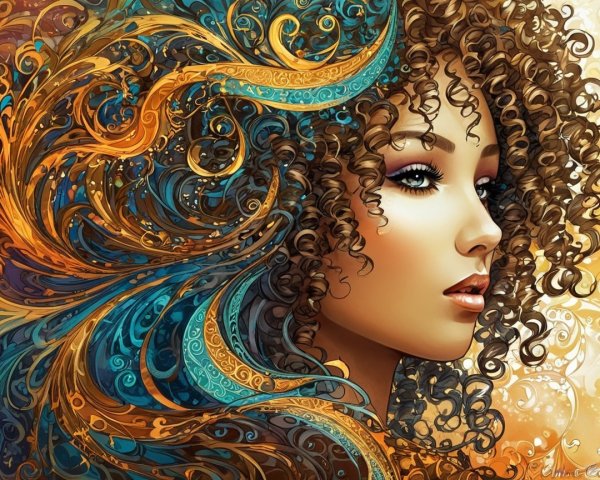 Close-up of a woman with curly brown hair and makeup