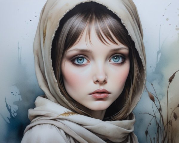 Young girl with blue eyes in soft hood and watercolor backdrop