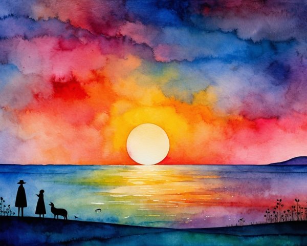 Watercolor Landscape of Sunset Over Tranquil Sea