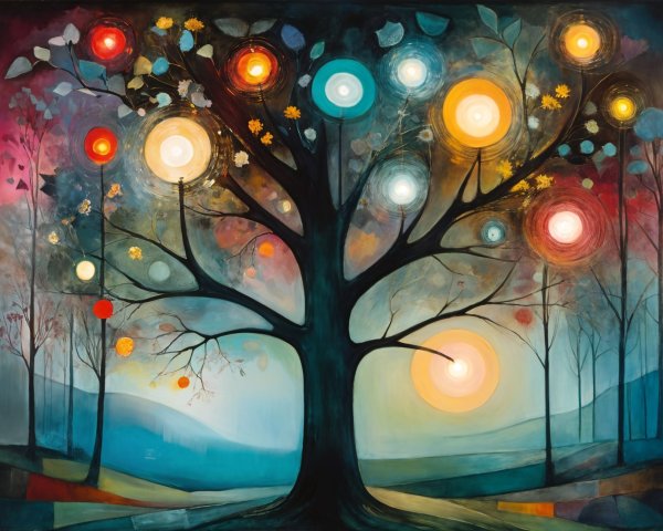 Abstract Tree with Colorful Orbs in Dreamy Landscape