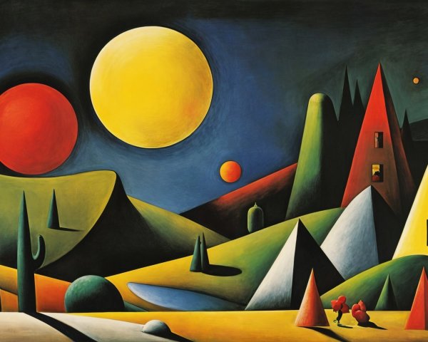 Surreal Landscape with Geometric Shapes and Vivid Colors