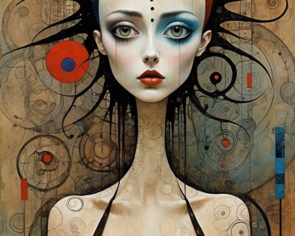 Stylized Female Figure with Elongated Neck and Patterns