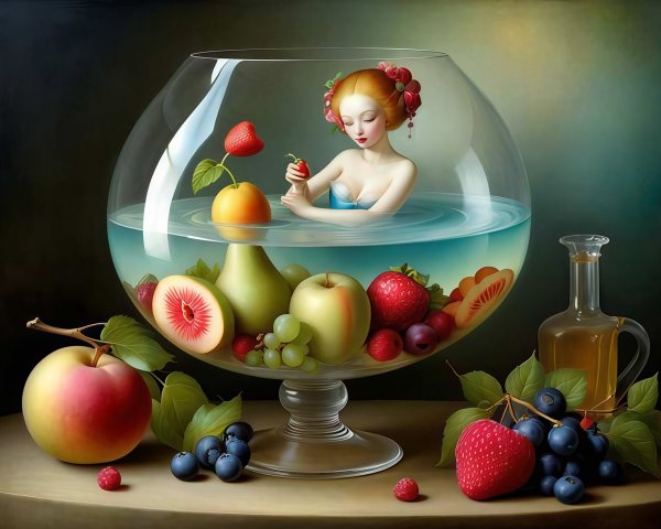 Still Life Painting of Woman in Fruit-Filled Goblet