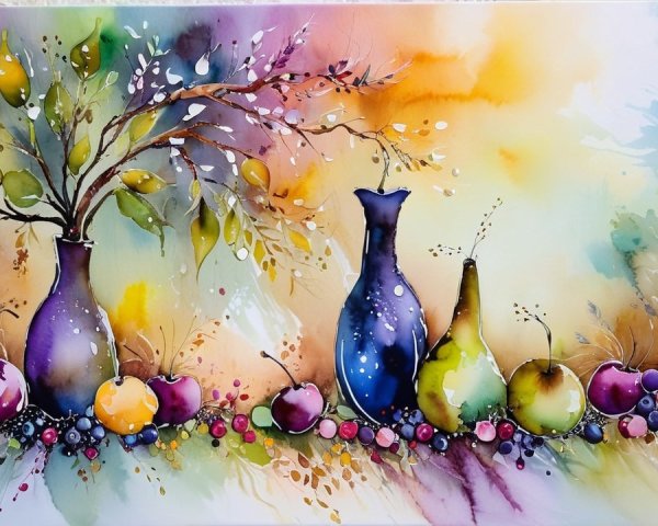 Vibrant Watercolor of Fruits and Elegant Vases