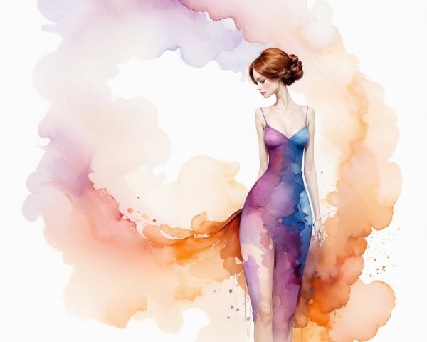 Elegant figure in vibrant watercolor dress design