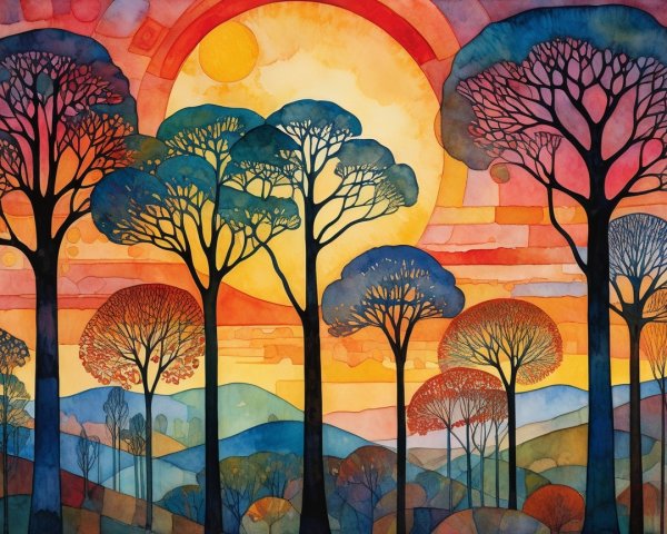 Vibrant Watercolor Landscape with Sunset and Trees