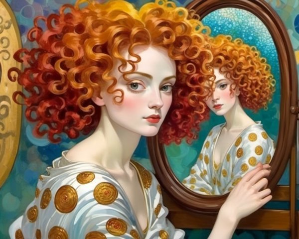Young woman with curly red hair in white dress