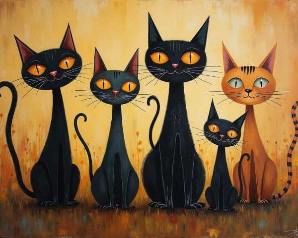 Whimsical Artwork of Five Colorful Stylized Cats