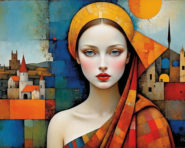 Woman in Colorful Shawl Against Geometric Landscape
