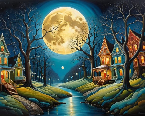 Moonlit River with Victorian Houses and Leafless Trees