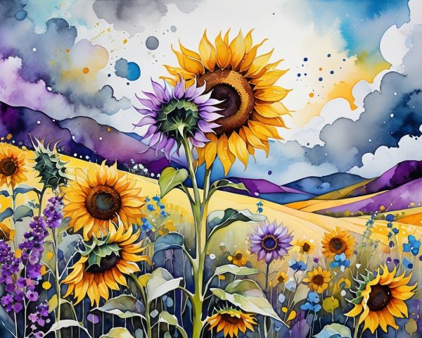 Vibrant Watercolor Landscape of Sunflowers and Hills