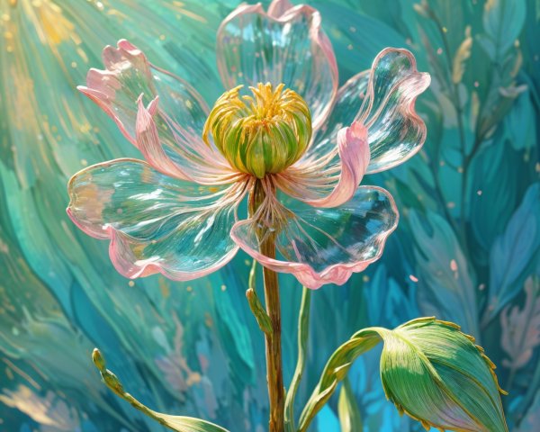 Translucent flower with pink and white petals in greens