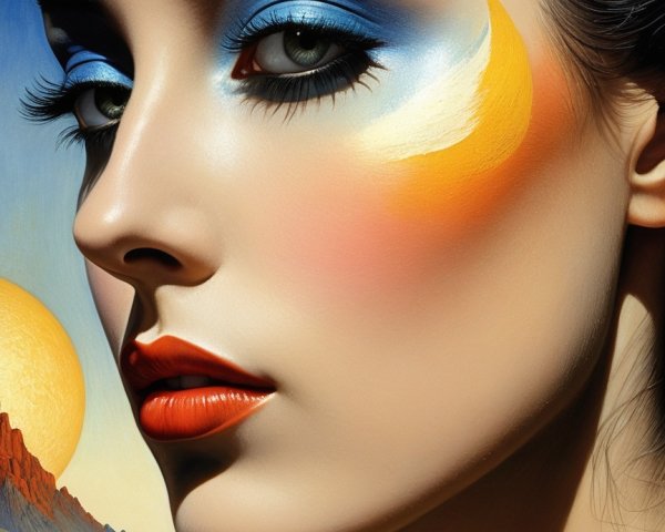 Striking Female Figure with Bold Makeup in Surreal Landscape