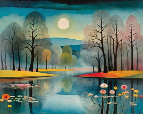 Tranquil Lake and Colorful Foliage Under Moonlight