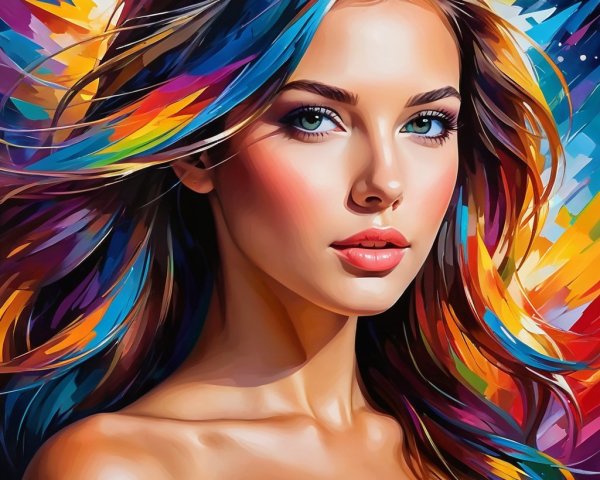 Colorful Portrait of a Young Woman with Blue Eyes