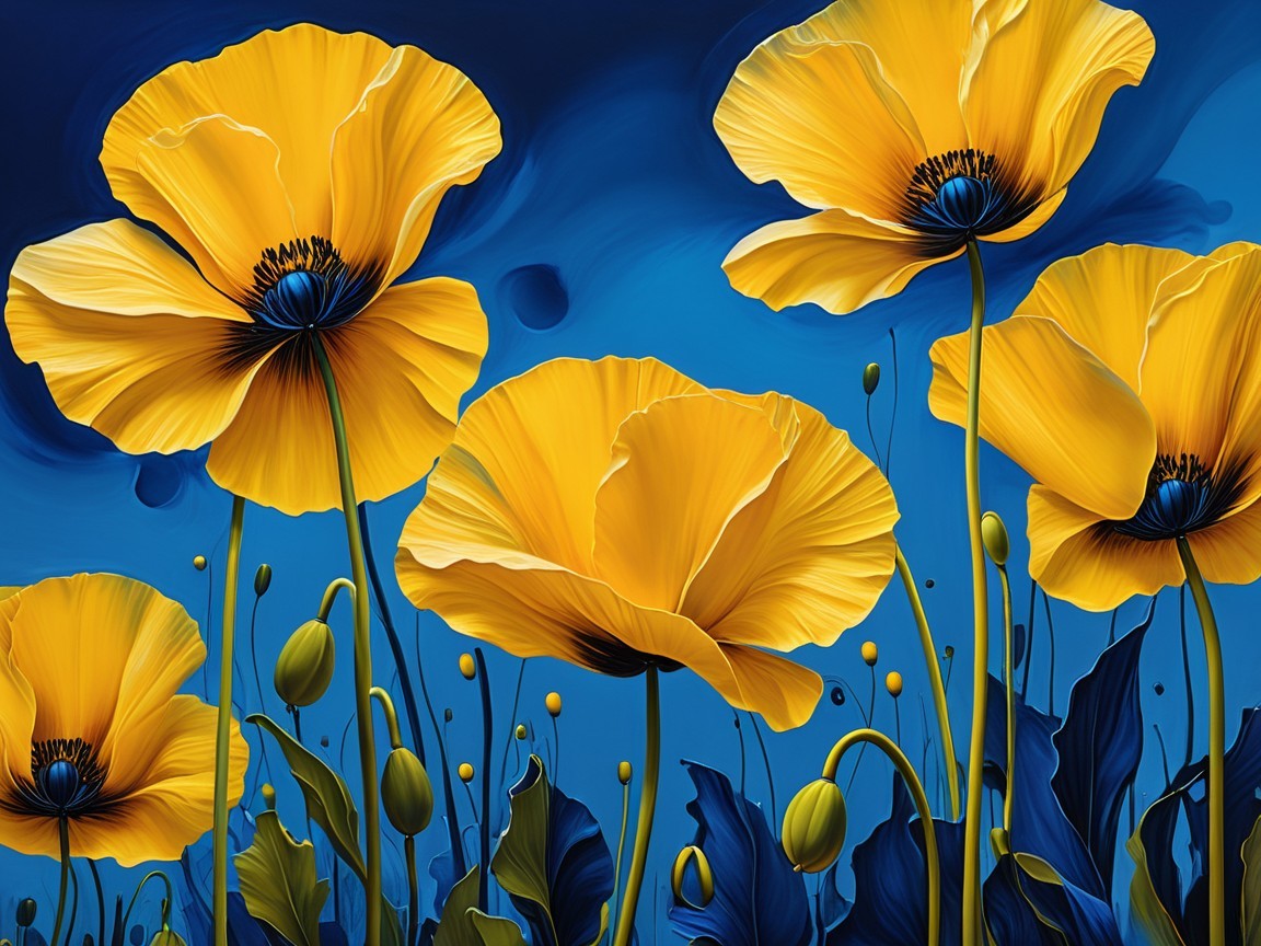 Golden Yellow Poppy Flowers on Blue Background