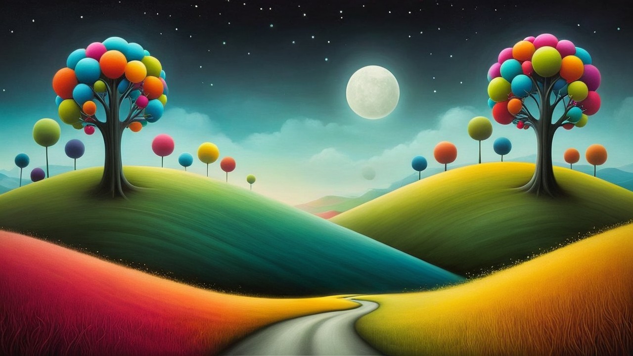 Vibrant Landscape with Colorful Trees and Moonlight