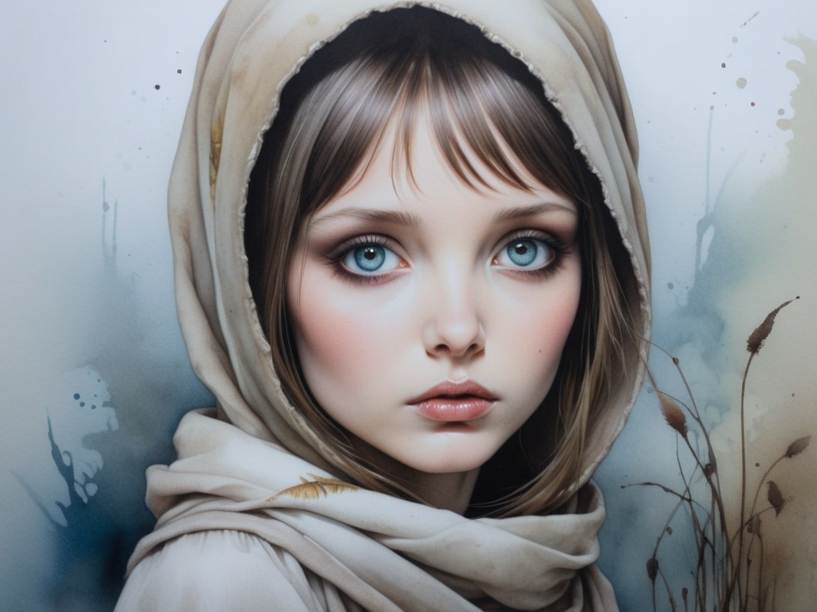 Young girl with blue eyes in soft hood and watercolor backdrop