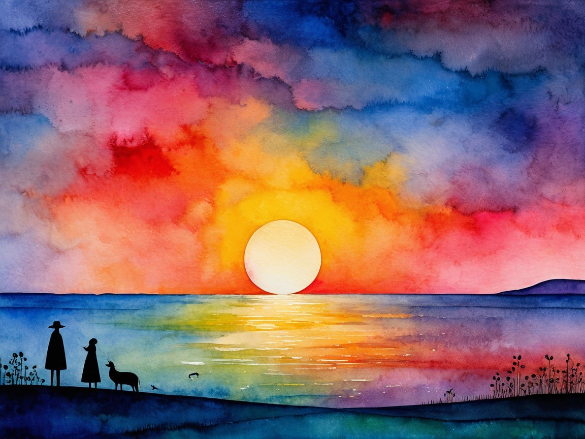 Watercolor Landscape of Sunset Over Tranquil Sea