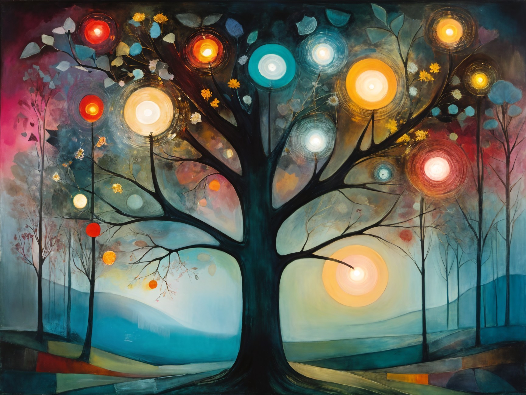 Abstract Tree with Colorful Orbs in Dreamy Landscape