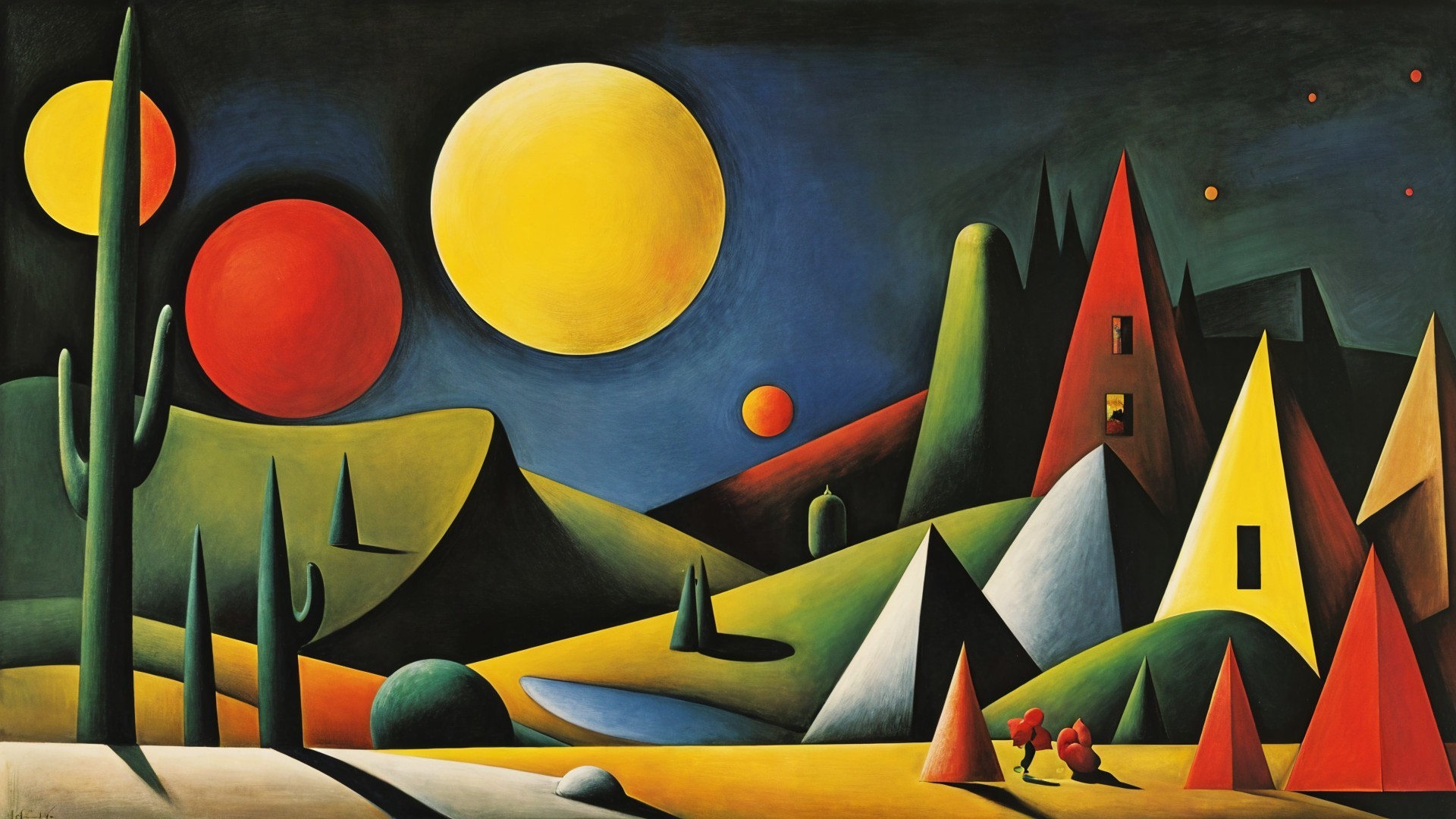 Surreal Landscape with Geometric Shapes and Vivid Colors