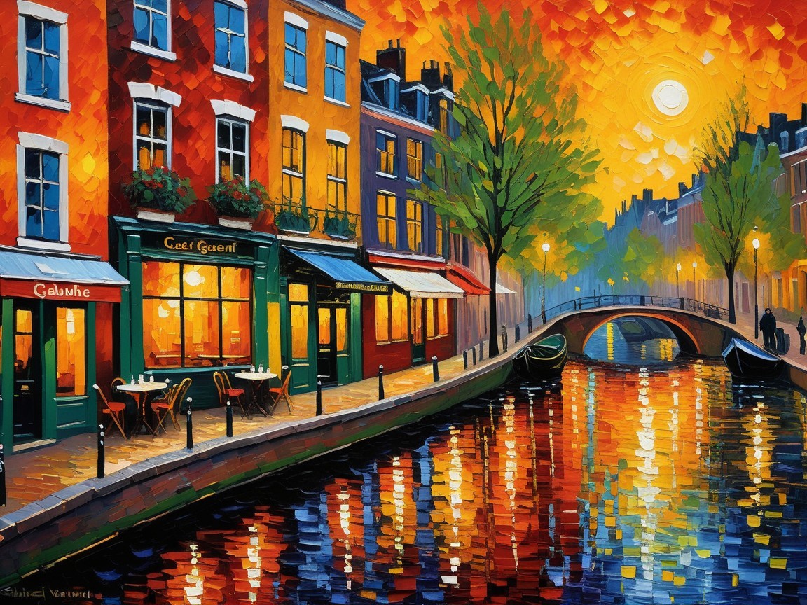 Vibrant sunset over a serene canal with cafes