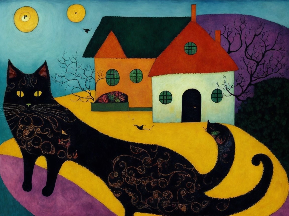 Whimsical landscape with colorful houses and cats