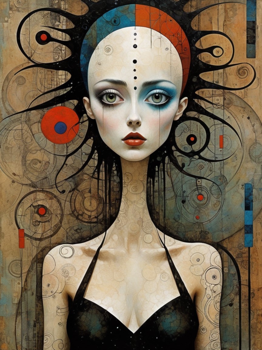 Stylized Female Figure with Elongated Neck and Patterns