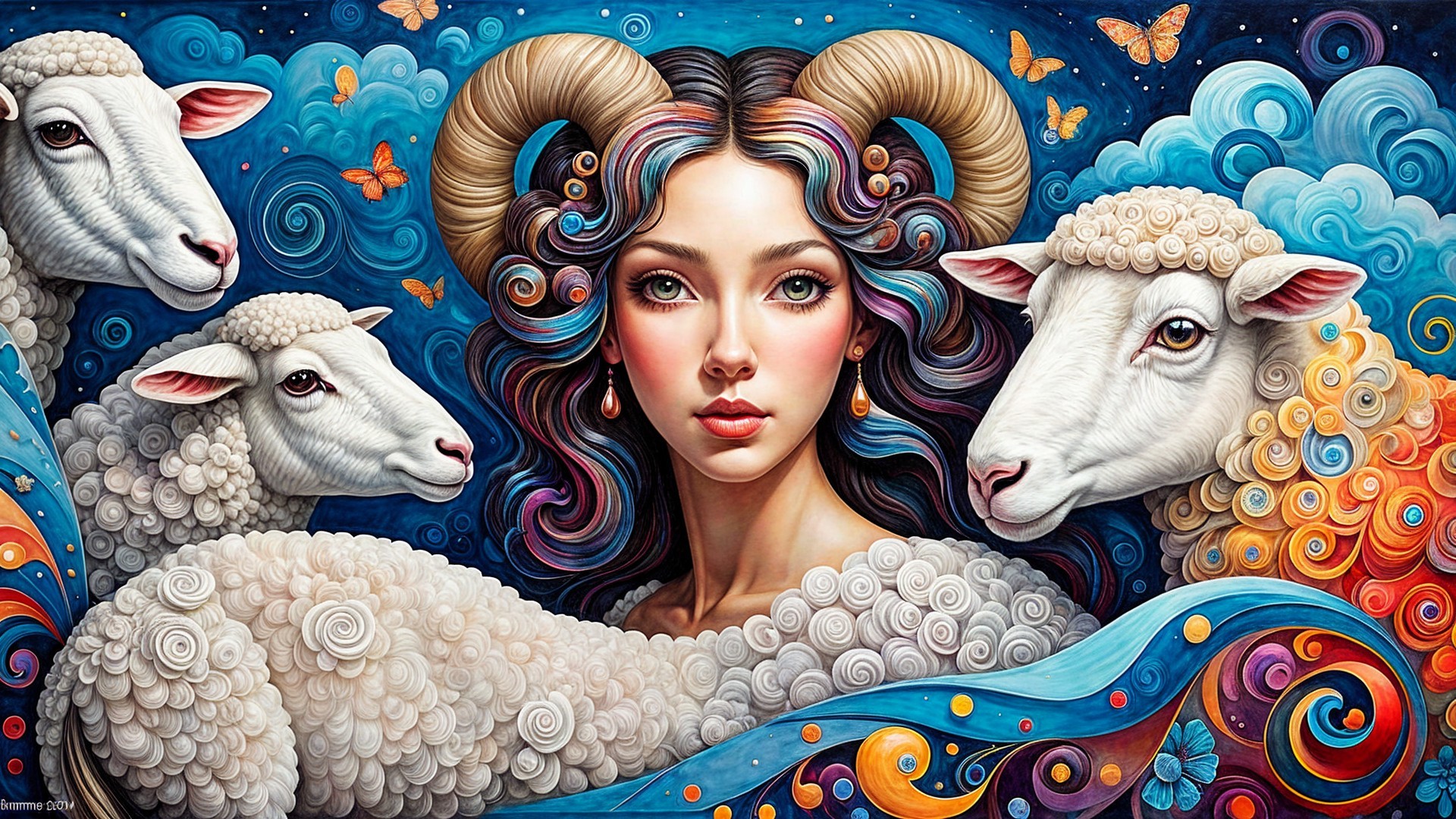 Serene Woman with Multicolored Hair and Sheep