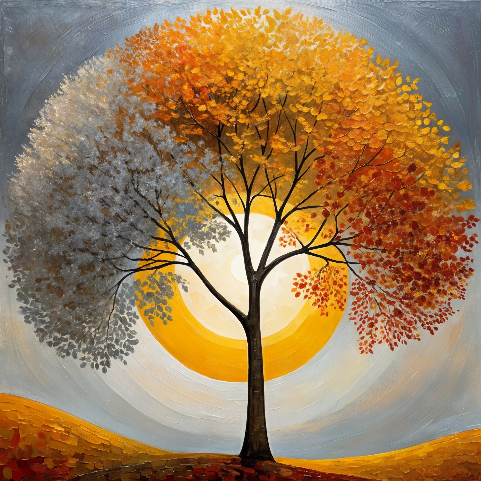 Majestic Tree Divided by Autumn and Winter Seasons