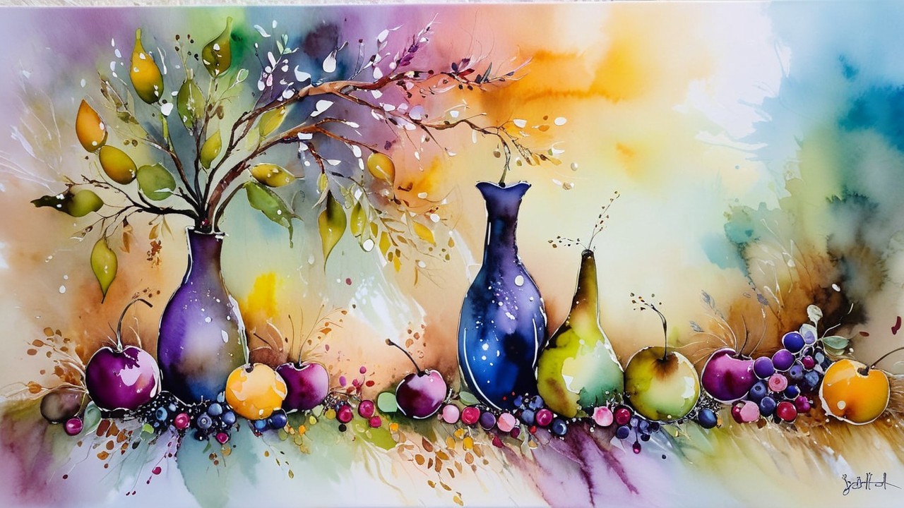 Vibrant Watercolor of Fruits and Elegant Vases