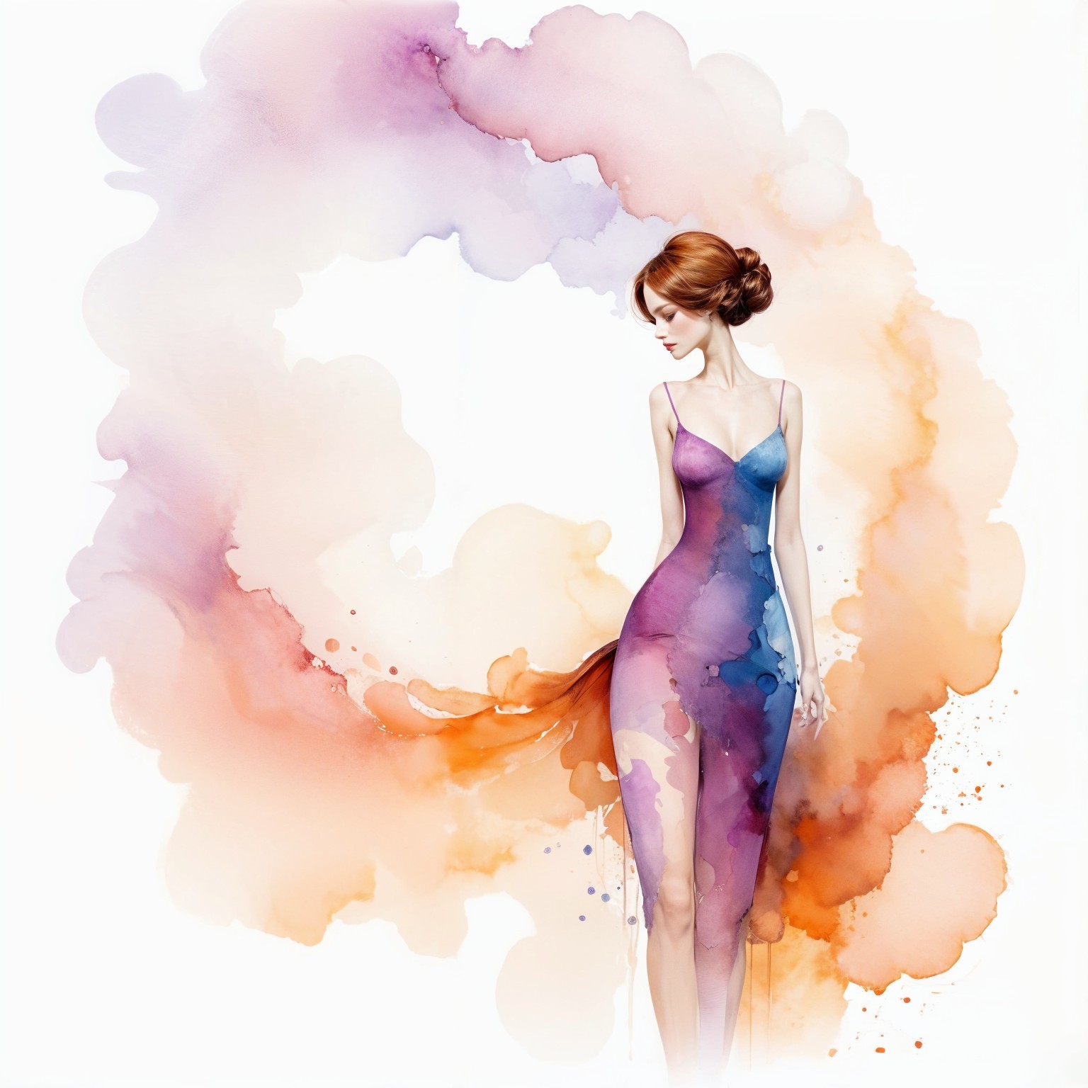 Elegant figure in vibrant watercolor dress design