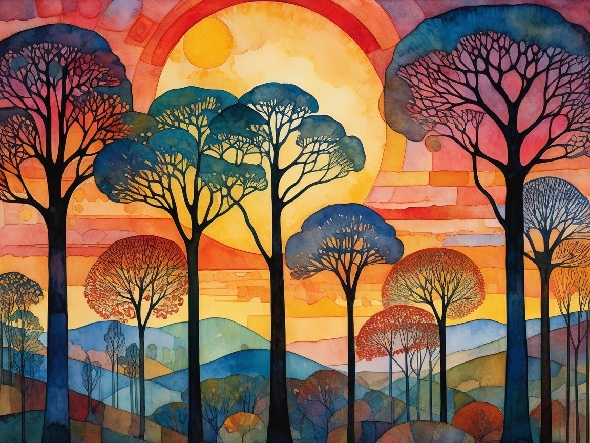Vibrant Watercolor Landscape with Sunset and Trees