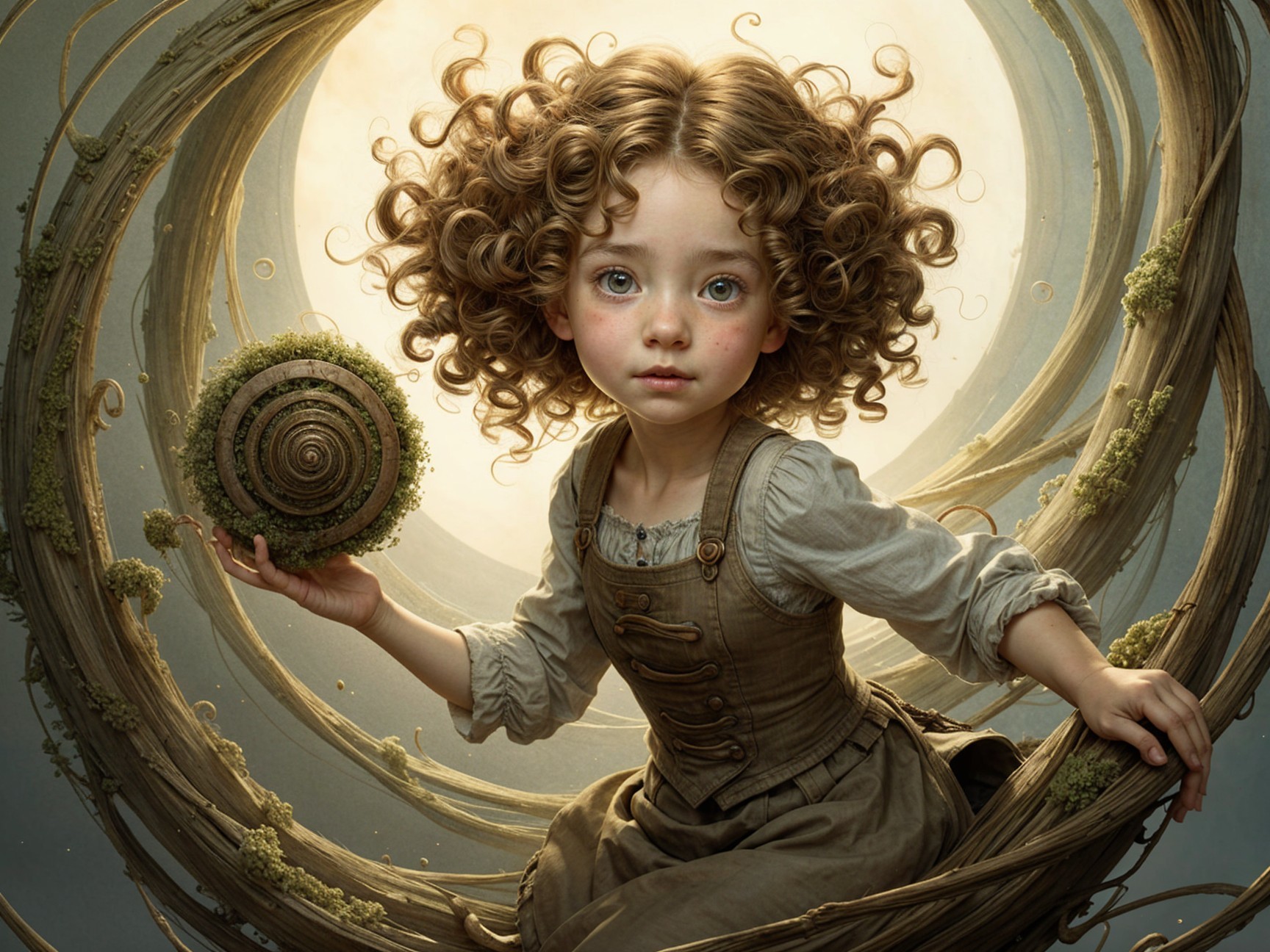 Young girl with globe in whimsical, dreamy setting